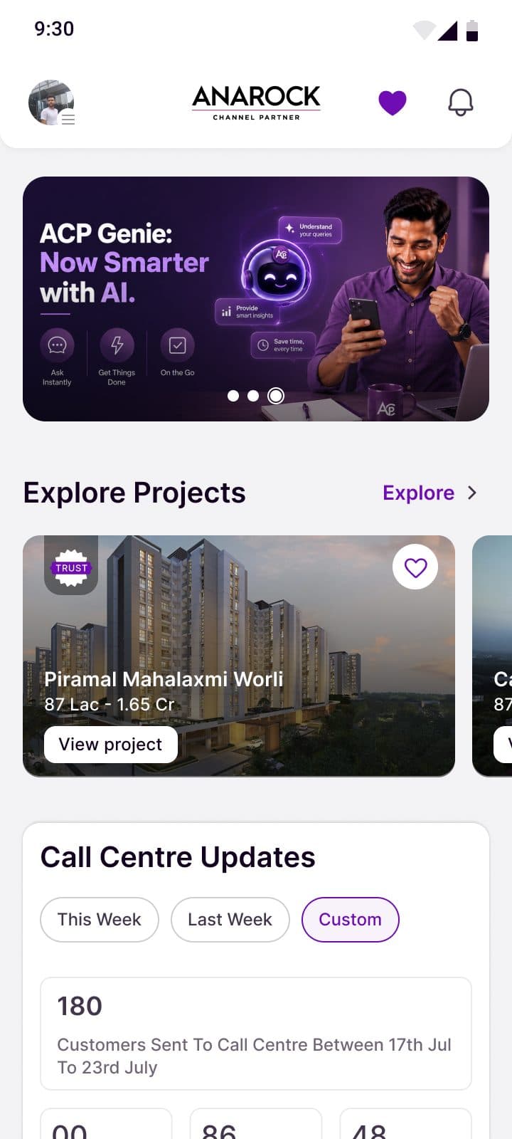 ACP app home screen with ACP Genie AI banner